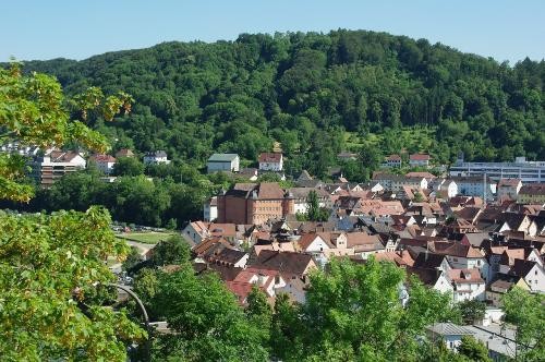 Stadtansicht der Stadt Künzelsau mit vielen grünen Bäumen und den Stadtdächern